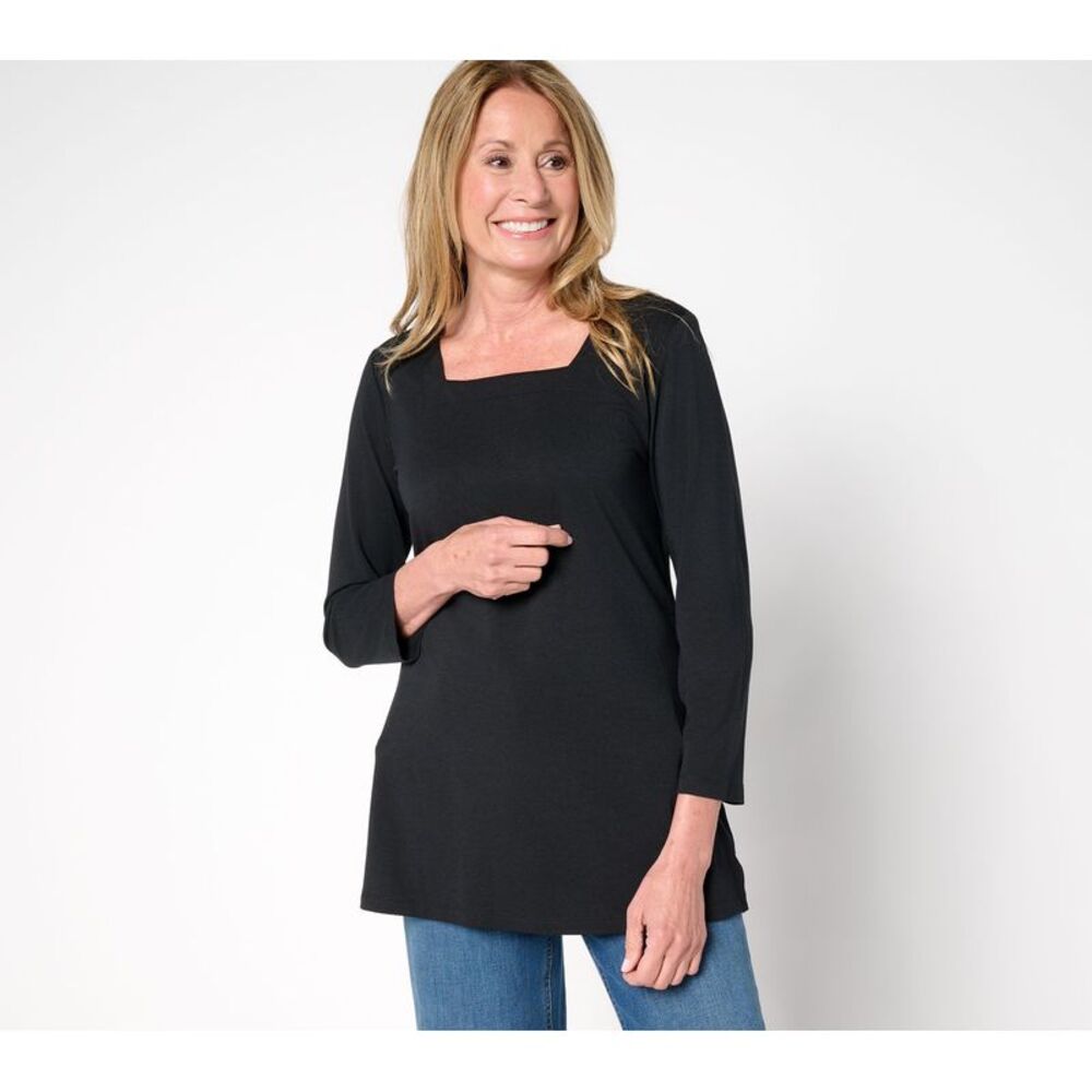 Denim & Co. Women's Top Petite 2XP Essentials So Soft Jersey Tunic Black A692557